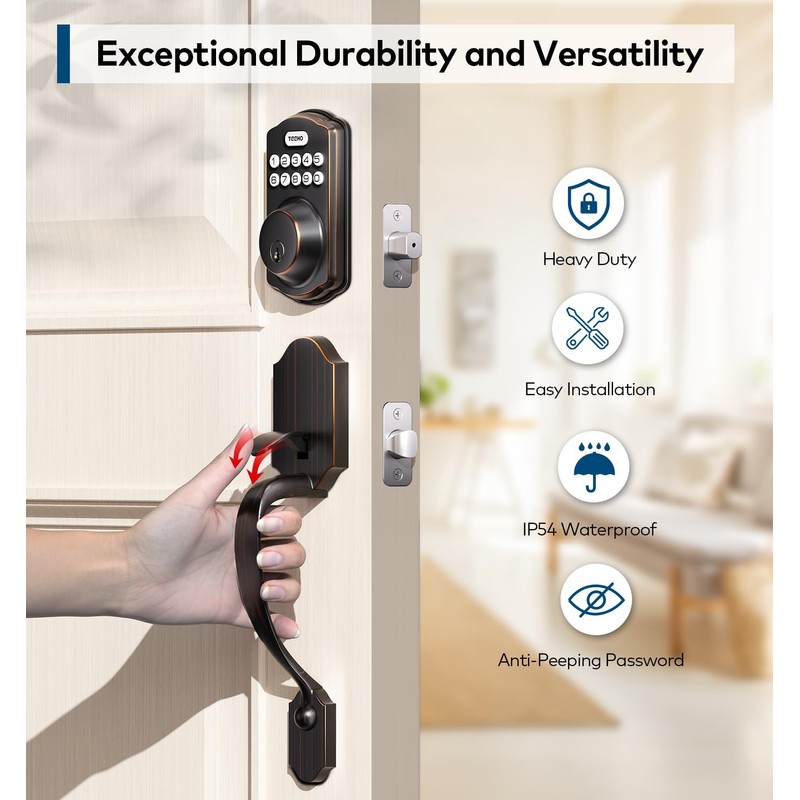 TEEHO Keyless Entry Door Lock Deadbolt with Handle Set, Electronic