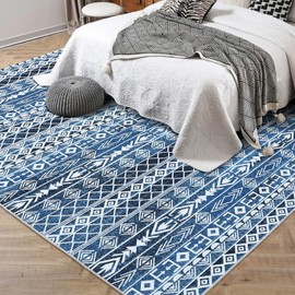 dainslef 5x7 Boho Farmhouse Area Rug - Washable, Large Soft Neutral Indoor Rug for Living Room, Bedroom, Dining Table, Home Office, and Multi-Room Decor, Blue