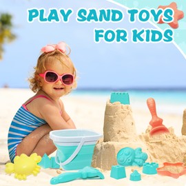 13pcs Beach Toy Set, Foldable Beach Bucket with Castle and Sea Animals Molds Sand Shovels Mesh Bag, Play Sand Toys Kit Outdoor Fun Sand Tools for Kids Boys Girls