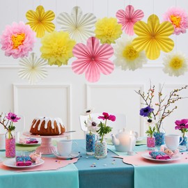 BestoFun 12PCS Paper Flowers Fans Pink Yellow Party Decorations Tissue Paper Flowers Decorations for Girl Groovy Birthday Baby Shower Wedding Bachelorette Room Wall Hanging Décor