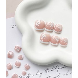 MABKJLF Square Fake Toenails Glossy French Tip Press on Toenails Solid Short Acrylic False Toes Nails with Rose Flower Designs Cute Artificial Beach Full Cover Toenail for Women and Girls 24 Pcs