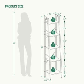 Hzuaneri Ladder Shelf, Bookshelf Bookcase, Freestanding Corner Storage Shelve with 2 Hooks for Home Office, Living Room, Kitchen, Bedroom, Industrial, 11.8" D x 13.4" W x 63" H, White Gold BC03213G