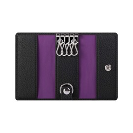 HANATORA PKC Genuine Leather Key Case, Trifold, 2 Buttons, 6 Hooks, 4 Hooks, Shrink Leather, Men's, Women's, Simple, Smart Leather, Keys, Key, Black