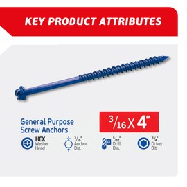 FixMaster 3/16 x 4" Hex Head Blue Concrete Screw Anchors (100 pcs Screw Kit) with one Screwdriver and Drill Bit for Concrete, Masonry, Block, Brick and Wood Fastening