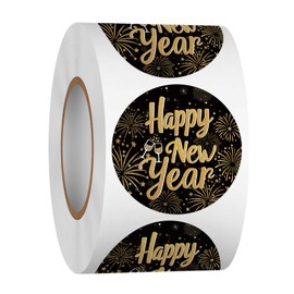 Heyfibro 1.5 Inches Happy New Year Sticker Roll, 500 Pcs New Year Stickers for Kids and Adults, Winter Holiday Round Labels Stickers for Gift Packing, Cards, Envelope Seals, Party Supplies(Gold)