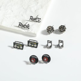 Madison Tyler 5Pairs Funny Classic Studs Earrings Set for Women | Retro Music Notes Rock Record Radios Earrings | Rock and Roll Accessories for Women