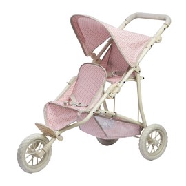 Olivia's Little World Double Jogging-Style Doll Stroller for Baby Dolls with Tandem Seating, Retractable Canopy, Storage Basket, All-Terrain Wheels, Cream, Pink and Gray Polka Dots