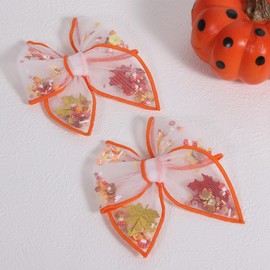 Fall Thanksgiving Turkey Mesh Tulle Hair Bow Clips for Girls, 2Pcs 4" Mushroom Shaker Fable Bow Cheer Barrettes,Autumn Holiday outfit Dress Decor Accessory for Teens Kids Toddler Gift