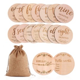 Pack of 14 Wooden Milestone Cards, Milestone Cards, Round Milestones and 1 Piece Hessian, Milestones on Wooden Boards for Baby Shower Photo Prop Decorating