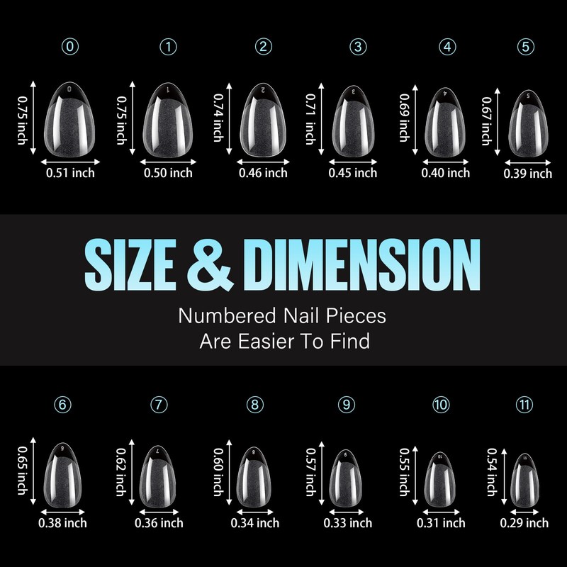 TOMICCA 504 Pieces American Almond Nail Caps 12 Sizes Clear