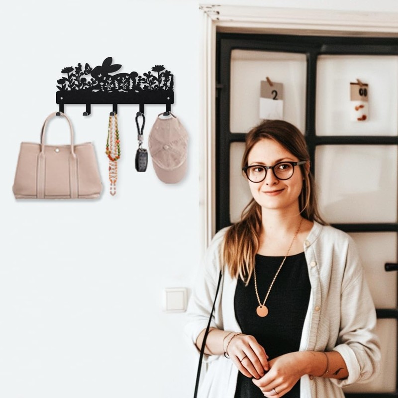 MAYJOYDIY Rabbit Motif Metal Key Hook Blooming Butterfly Coat Rack