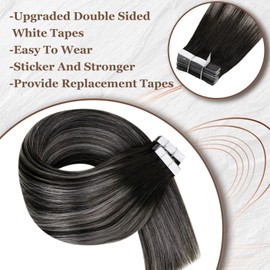 Human Hair Tape in Extensions Black Balayage Grey Skin Weft Tape in Hair Extensions for Women Black to Silver 18inch 20 Pieces 50 Grams