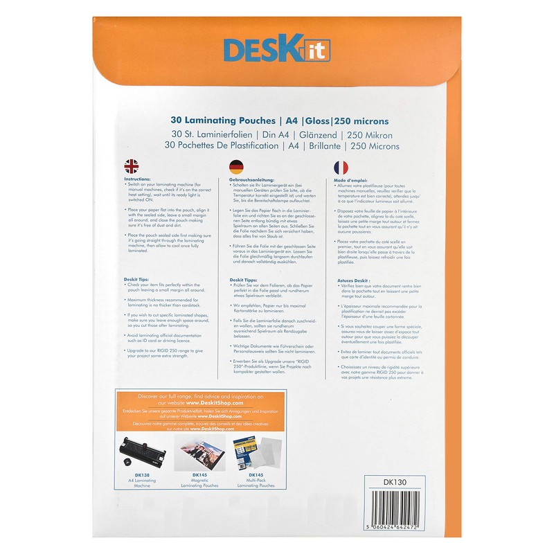Deskit A4 Laminating Pouches, Gloss, 30 sheets, 250 Microns -