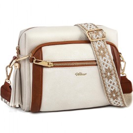 HILAEX Women's Crossbody Bag Leather Shoulder Handbags with Wide Strap Small Anti-thief Purse (Beige & Brown)