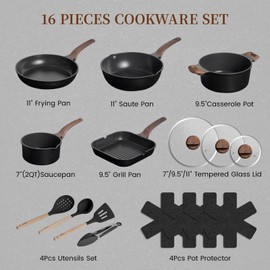 Kikcoin 16Pcs Pots and Pans Set Nonstick Ceramic Cookware Sets Induction Kitchen Cooking Set Non toxic Healthy Non Stick w/Grill Pan, Saute Pan, Black