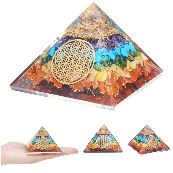 55mm orgone Pyramid 7 Chakra with Silver Shimmery Protection Crystals Reiki Healing Stones, organite Pyramid for Good Luck Gift for Women Men Gemstone Crystal Chakra Charm orgonite Collection