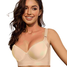 YJSPBL Daisy Bra Seamless Push Up Bra Deep Cup Bra Full Back Coverage Back Smoothing Bra（Beige,38B