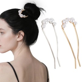 Luixenir 2 Pcs Elegant Pearl Hair Pins French Metal Hair Pins for Women Girls U Shaped French Hair Forks for Buns Hair Styling Accessories for Updos