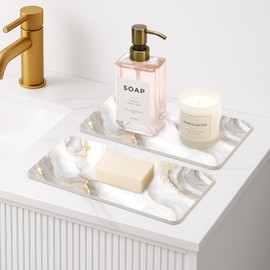 2PCS Water Absorbing Stone Drying Trays for Bathroom Sink Kitchen Counter Stone Soap Dispenser Tray Diatomite Kitchen Sink Quick Dry Mat Instant Drying Trays for Bathroom White Gold Marble Accessories