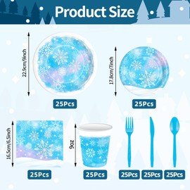 175 Pcs Snowflake Winter Wonderland Tableware Set - Serves 25, Snowflake-Themed Disposable Plates, Cups, Napkins, Forks, Spoons, Knives for Christmas, Winter Party Supplies, Holiday Gatherings