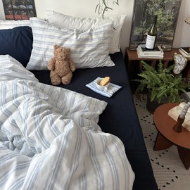 mixinni Vintage Blue & White Striped Duvet Cover Set - 3 Piece 100% Washed Cotton Twin Size Bedding | Minimalist Relaxed Style | Ultra Soft Breathable, with Zipper Closure & Corner Ties-Twin Size