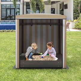 HONEY JOY Kids Sandbox with Canopy, Fir Wood Sand Pit w/Roll-up Mesh Door, Bench Seat & Collapsible Box, Bottom Liner, Outdoor Sand Box for Backyard, Garden, Patio, Beach, 57 x 54 x 52.5 inch, Brown