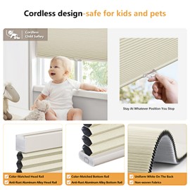 LazBlinds Cordless Cellular Shades, Blackout Privacy Light Blocking Honeycomb Shade Pleated Blinds for Windows Size 26'' W x 48'' H, Cream