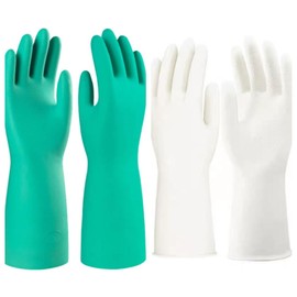 JINGLIKANG Guantes de nitrilo de goma para mujer, pequeños, reutilizables, para lavar platos, guantes de trabajo, 2 pares, cómodos (nitrilo, 2 pares, blanco + verde, S)