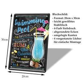 Swimming Pool Cocktail Recipe Tin Sign - Retro Decorative Sign - Metal Sign for Decoration of Kitchen Beach Bar Pub Cellar Bar Lounge Pub - Instructions for Cocktail Long Drink Mixing - 20 x 30 cm