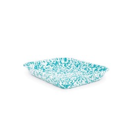Enamelware Large Open Roaster, 13 x 10 inches, Turquoise/White Splatter