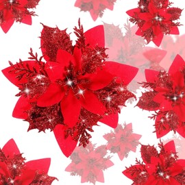 12Pcs Poinsettia Glitter Flowers Christmas Decor,Christmas Decorations Artificial Flowers with Clips and Stems,Fake Flowers Christmas Tree Decorations for Xmas Wreath Wedding Party Decorations