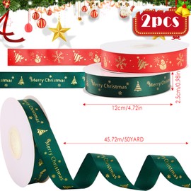 Hyran Christmas Gift Ribbon, Pack of 2 Red + Dark Green Ribbon, 25 Yards Christmas Ribbons for Decoration, Gift Wrapping, Bow Making
