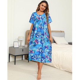 Ekouaer Women's House Dress with Pockets Long Nightgowns for Women House Dress Pleated Moo Moos for Women,Blue Tie-Dye,M