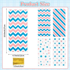Blue and Pink Cellophane Treat Bags, 100 Pcs Plastic Goodie Bags with Twist Ties, Polka Stripes Gift Candy Bag for Baby Shower Christmas Valentine Birthday Cookie Snack Packing Party Favor Supplies