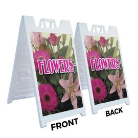 A-Frame Sidewalk Flowers 24" x 36" Double Sided A-Frame Sidewalk Sign, Includes 2 Installed Vinyl Decals | Foldable Portable White Signicade Sandwich Board Signs