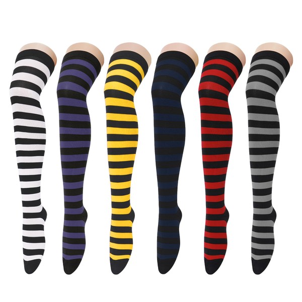 Zando 6 Pairs Striped Thigh High Socks for Women Striped