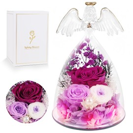 YOFIT Angel Figurines with Preserved Roses & Warm Light - Birthday Gifts for Women, Mom, Grandma, Unique Gift for Christmas, Anniversary, Sympathy, Memorial Home Decor (Purple)