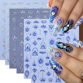 6 Sheets Bohemian Nail Stickers for Nail Art 3D Self-Adhesive Flower Nail Art Stickers Gold Silver Floral Nail Decals Bohemian Style Retro Blue Manicure Art Decoration Charms for Women Nails Supplies