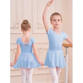 zffriction Girls Ballet Dress Shiny Sequines Ballet Outfit for Kids Toddlers Short Sleeve Gymnastics Dance Leotard with Chiffon Tutu Skirt (UK, Numeric, 130, Regular, Blue)
