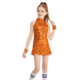 LOLANTA Girls Sequin Disco Dress Sparkly Girls Hip Hop Dance Performance Outfit Top and Shorts (Orange, 8-9 Years)