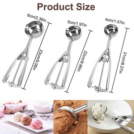 Melon Baller Scoop, Melon Baller, Ice Cream Scoop with Easy Trigger, Set of 3 Cookie Dough Scoops for Baking, Cookie Scoops for Cupcake Ice Cream Waffle Fruit(Silver)