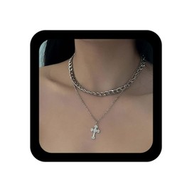 Yienate Punk Layered Cross Necklace Choker Gothic Chunky Cuban Chain Choker Cross Crucifix Pendant Necklace Silver Tone Religious Cross Pendant Necklace Charm Jewellery for Women