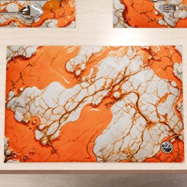 MARBLELIZED - Washable American Placemats, Orange Marble Effect Fabric Placemats, Set of 6 (30 x 45 cm) - Elegant, Ideal for Breakfast, Lunch and Dinner, Gift Idea, 100% Made in Italy