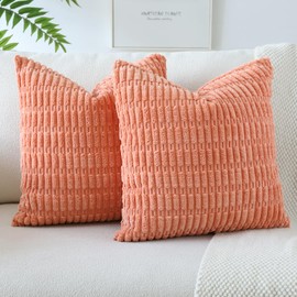 OTOSTAR Pack of 2 Corduroy Soft Decorative Throw Pillow Covers 18 x 18 Inch Soft Boho Striped Cushion Case Couch Farmhouse Home Decor Pillow Covers for Sofa Bed Living Room (Coral)