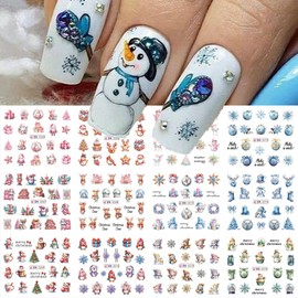 12 Sheets Christmas Nail Art Stickers Winter Snowflake Snowman Water Transfer Nail Decals Xmas Tree Santa Claus Penguin Gingerbread Man Design Acrylic Nail Foils for Women Kids DIY Holiday Nail Decor