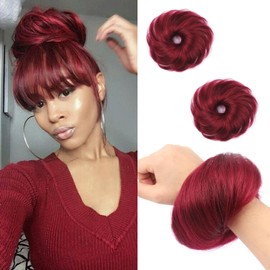 FGZJMAE Human Hair Bun Hair Piece Wavy Tousled Stretchy Fluffy Donut Updo Elastic Rubber Band Wrap On Instant Hair Piece(2 Count #99J Burgundy