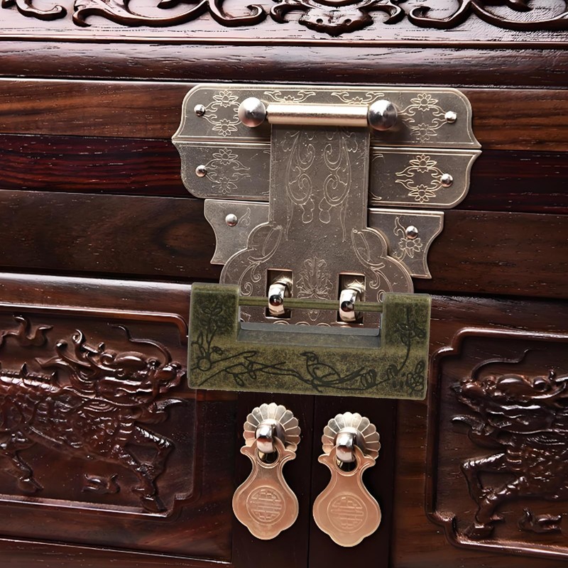 Quluxe Antique Chinese Lock and Key, Flower Bird Carved Retro