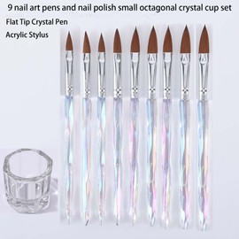 9pcs Professional Nail Art Brush Set with Crystal Octagonal Cup, Nail Art Pens and Nail Polish Set, Glamorous Nail Designs for girls and women. Flat Tip Crystal Pen, Acrylic Stylus Nail Brush