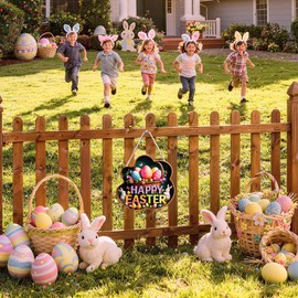 Happy Easter Wooden Door Wreath Decoration, Spring Bunny Door Sign, Flowers Egg Welcome Decoration, Farmhouse Rustic Door Sign Hanging for Front Door Home Wall Outdoor Porch Yard Party