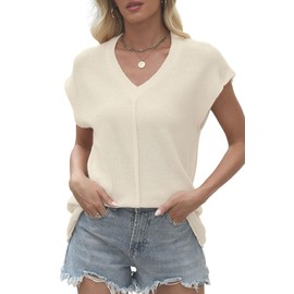 Women's Tops for Spring Fashion and Summer 2025 Loose Knitted Sweater Vest V-Neck Sleeves Pullover Versatile (White,Large)